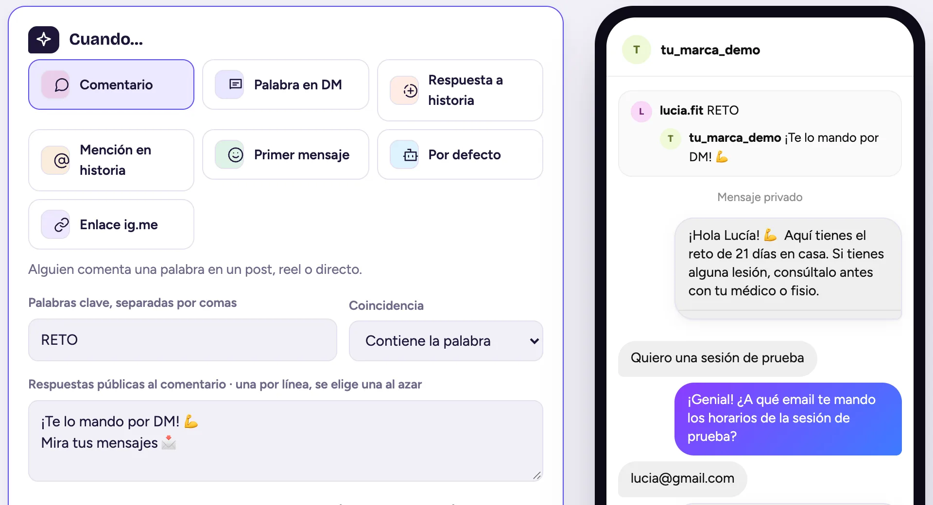 Editor de una automatización de comentario con la palabra clave RETO, respuestas públicas y la vista previa del mensaje privado